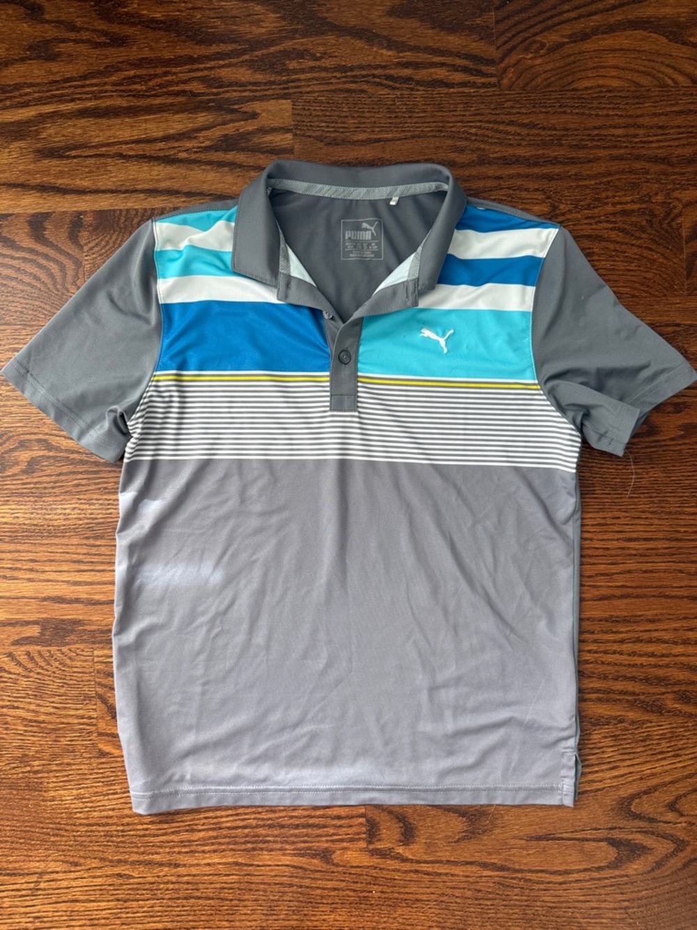 Puma Gray Polo with Blue and Turquoise Stripes